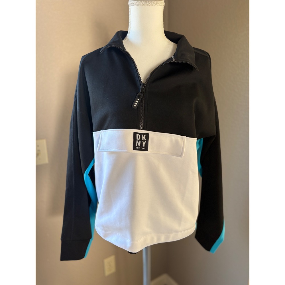 DKNY Sport Womens Black White Teal Colorblock Quarter Zip Pullover M